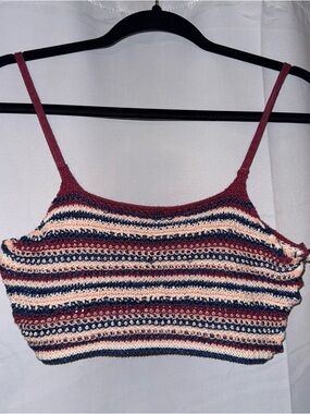 Striped Crochet Crop Tank Top - Red, Navy & Cream